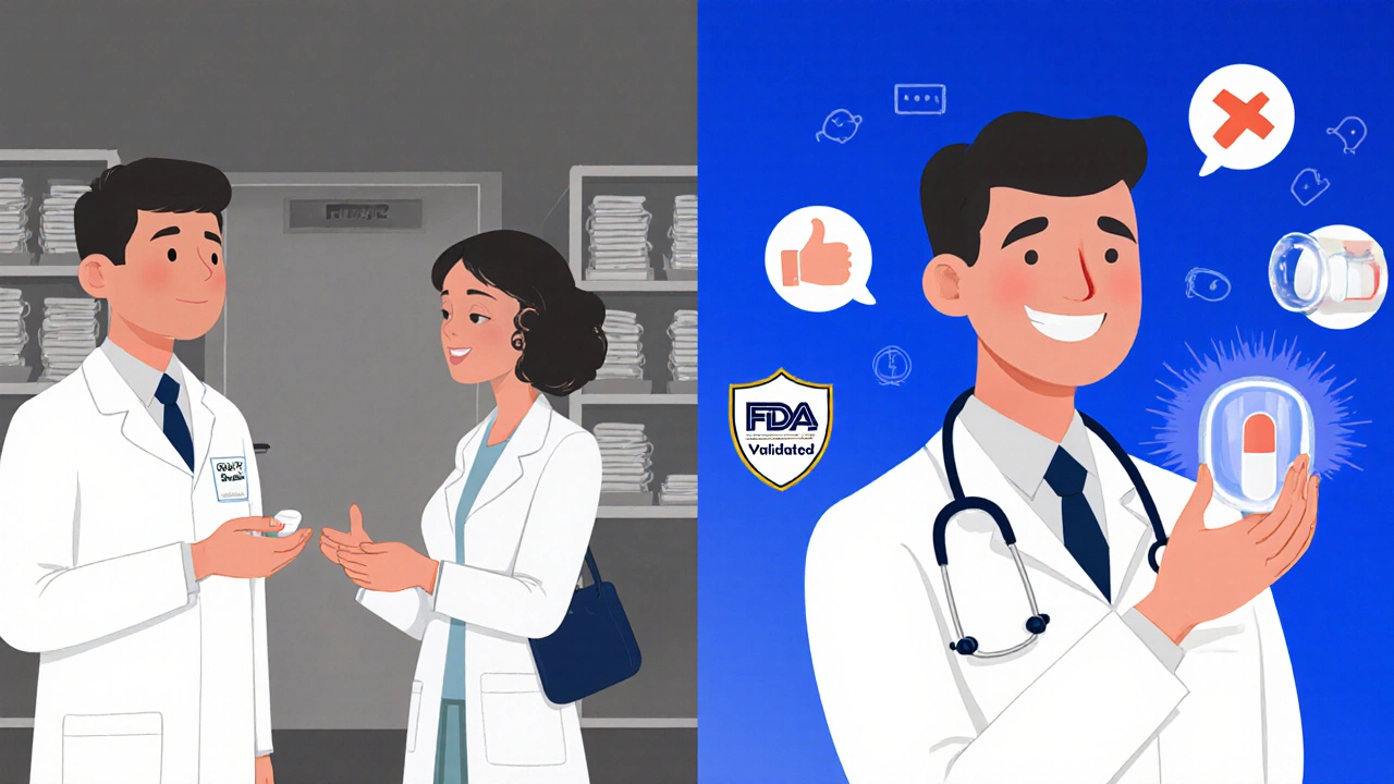 Scène comparée : un pharmacien silencieux à gauche, un pharmacien explicatif à droite, avec des symboles de confiance.