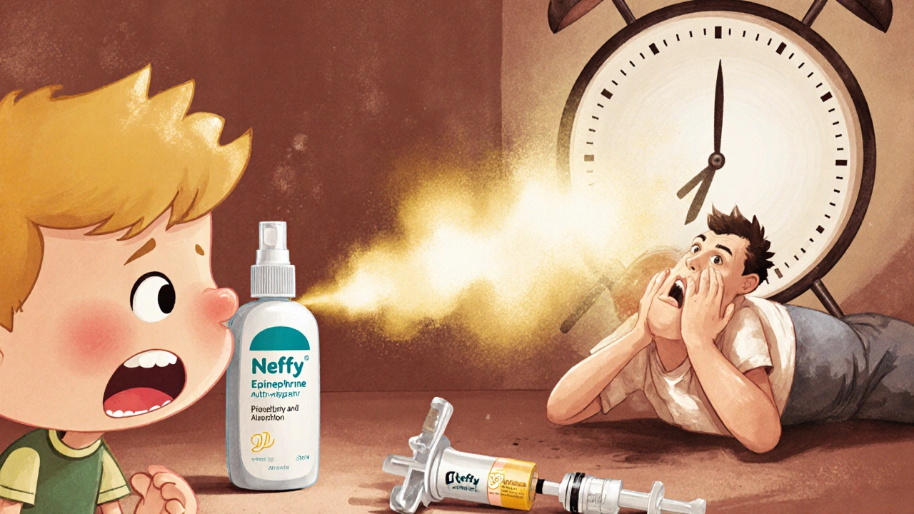 Spray nasal Neffy administré à un enfant, tandis qu&#039;un stylo auto-injecteur est cassé et une horloge s&#039;écoule rapidement.