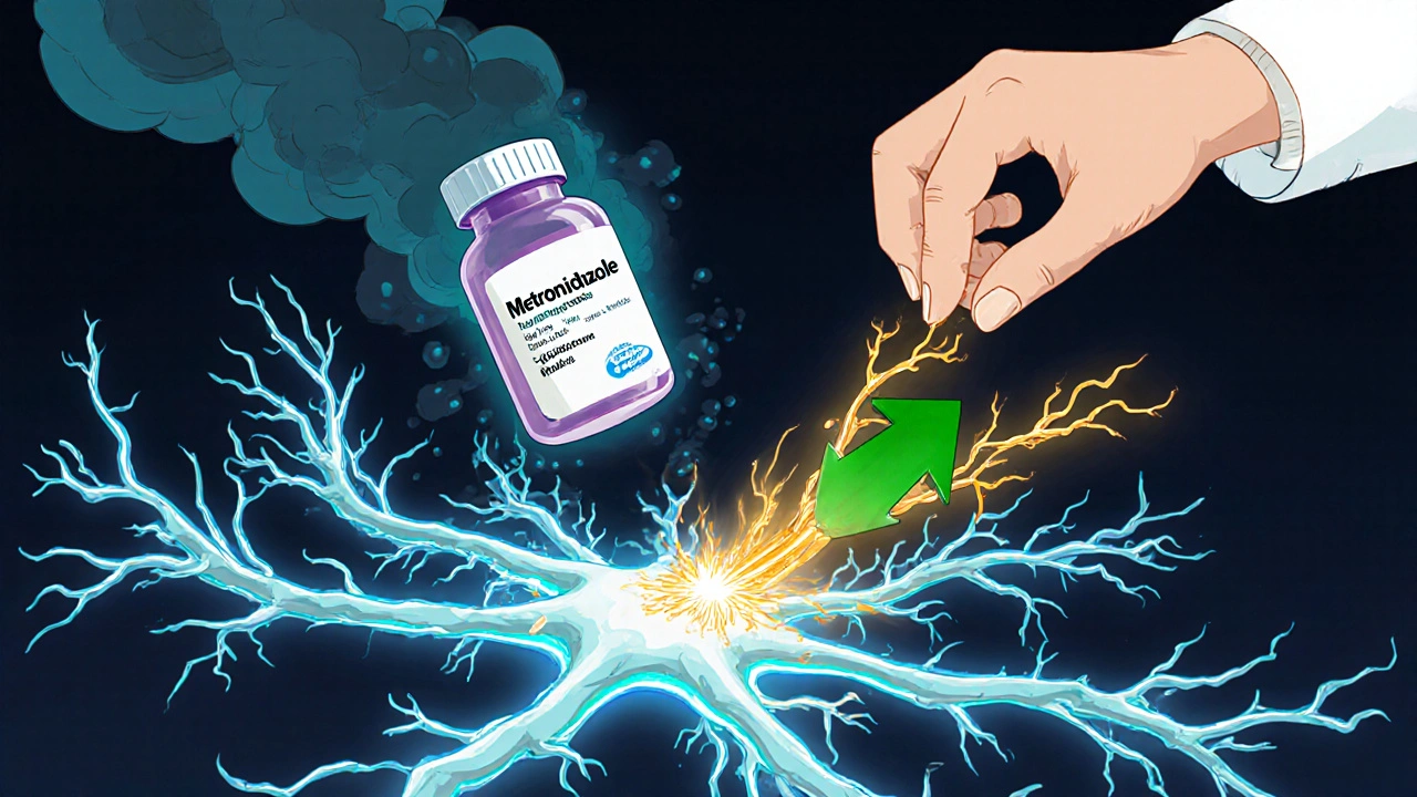 Système nerveux endommagé par un médicament, avec des nerfs qui se dégradent et une main qui arrête le traitement.