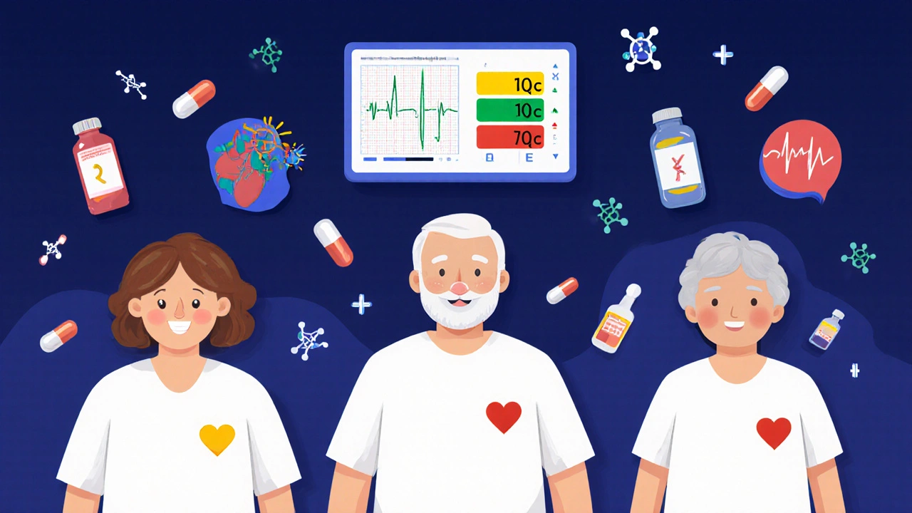 Trois patients avec des ECG colorés selon leur niveau de risque cardiaque.