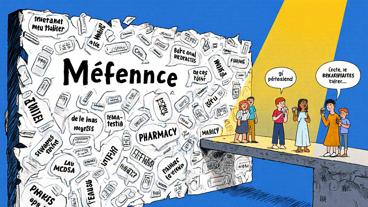 Un mur de méfiance s&#039;effondre tandis qu&#039;un pont de paroles rassurantes relie le patient à une pharmacie lumineuse.