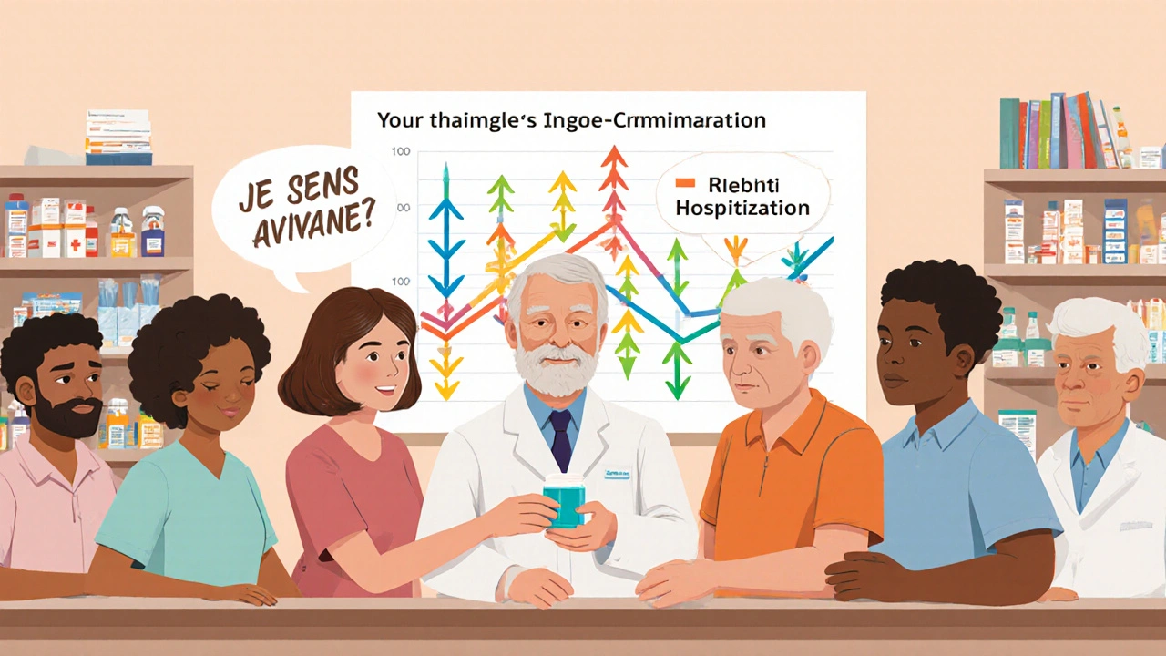 Un pharmacien remet une pilule combinée à des patients, tandis qu&#039;un graphique montre la réduction des hospitalisations.