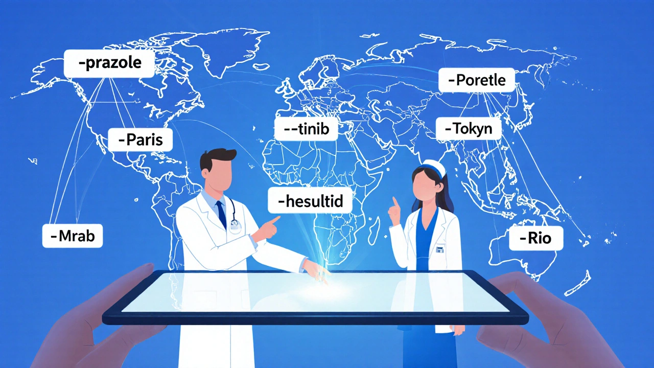 Une carte mondiale connectée par des suffixes de médicaments génériques, symbolisant la sécurité internationale.