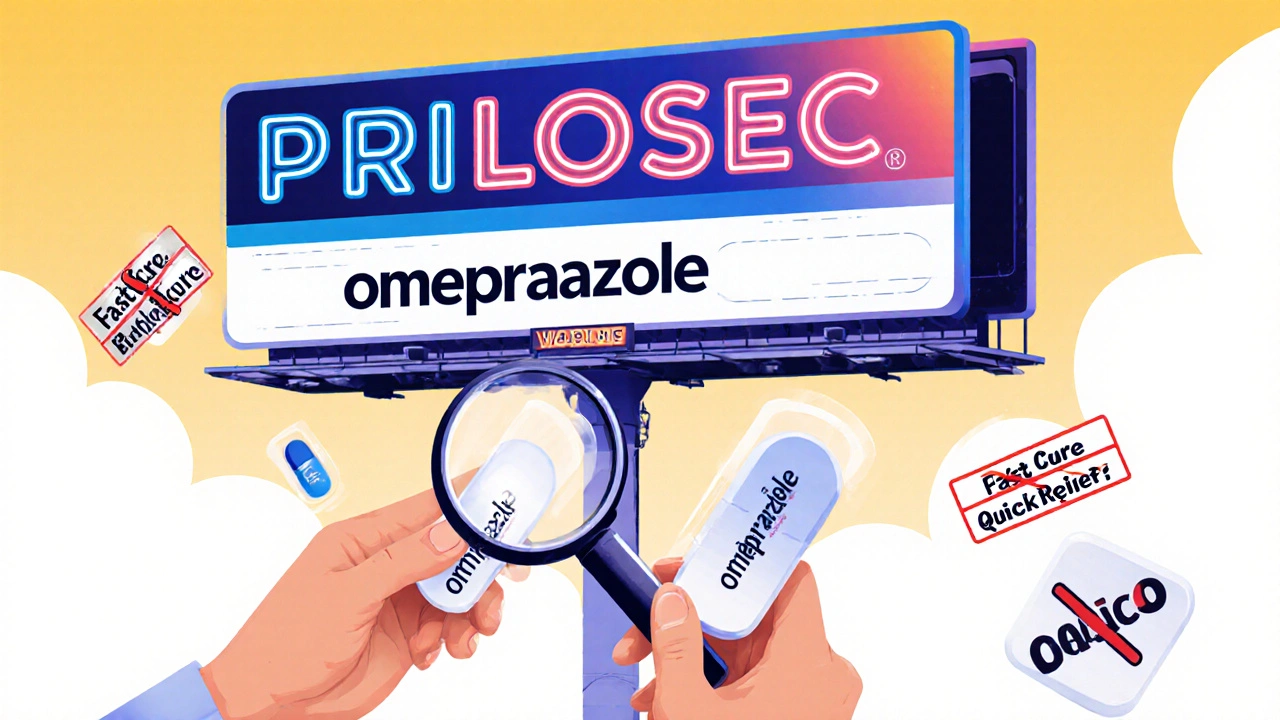 Une publicité pharmaceutique où le nom de marque est plus petit que le nom générique, avec deux pilules identiques.
