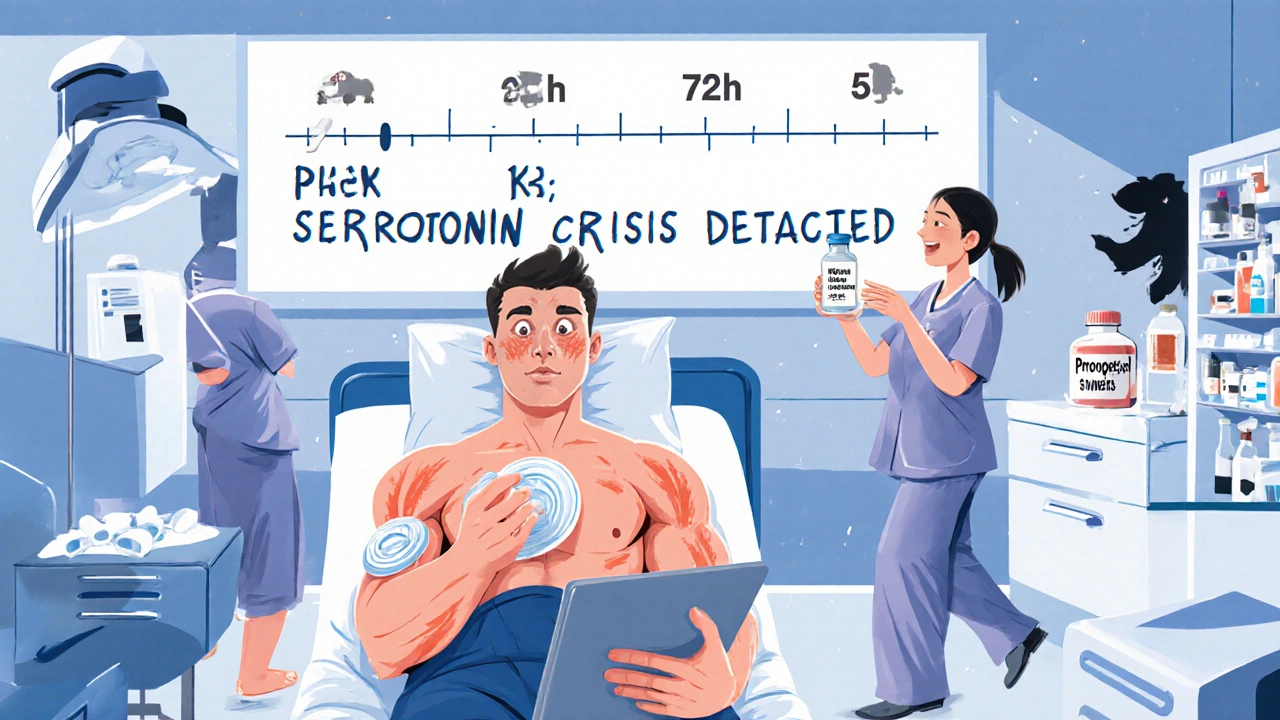 Urgence hospitalière : médecin alerté par un système numérique, infirmière soignant un patient en crise sérotoninergique.