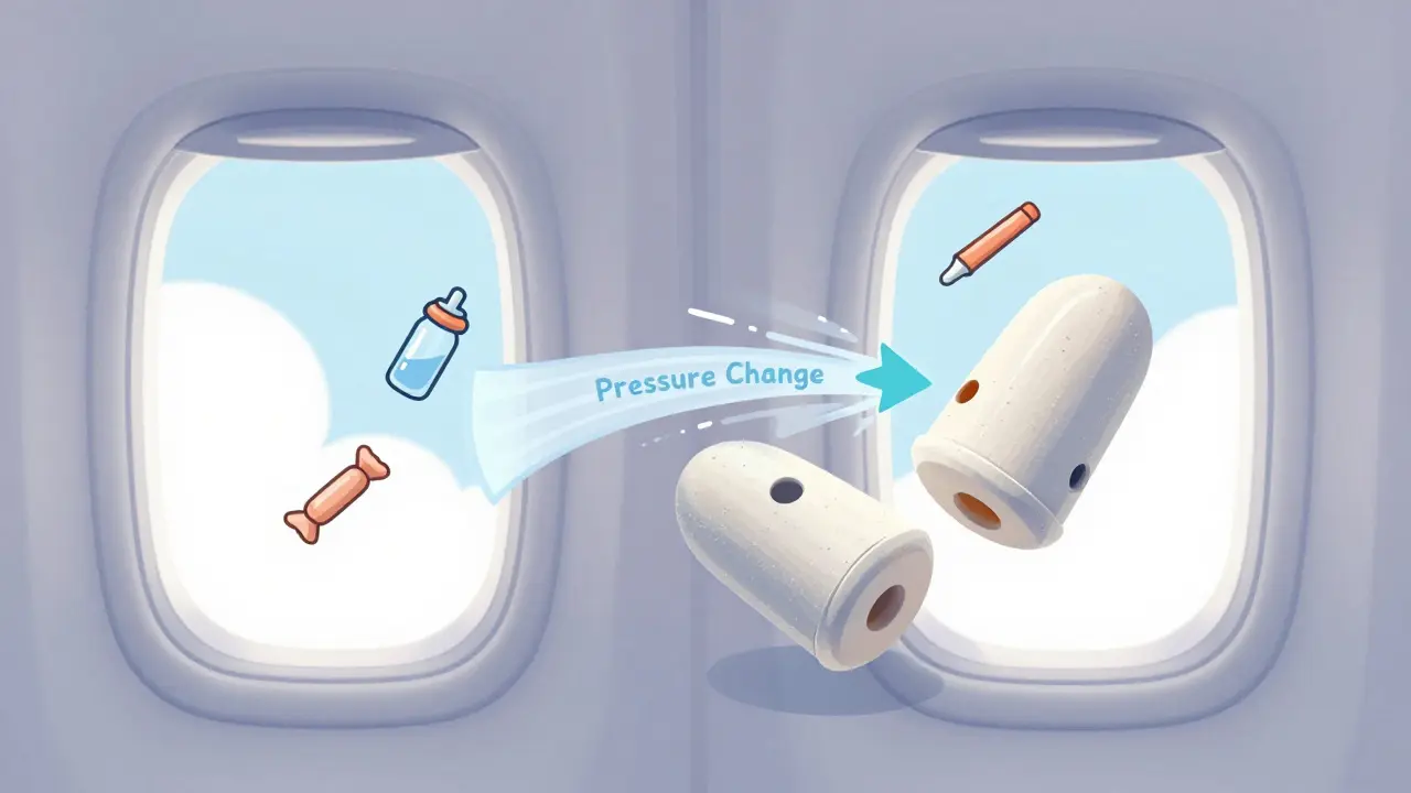 Bouchons d'oreilles EarPlanes avec filtre céramique ralentissant les flèches de changement de pression, entourés d'objets utiles comme un biberon et un chewing-gum.