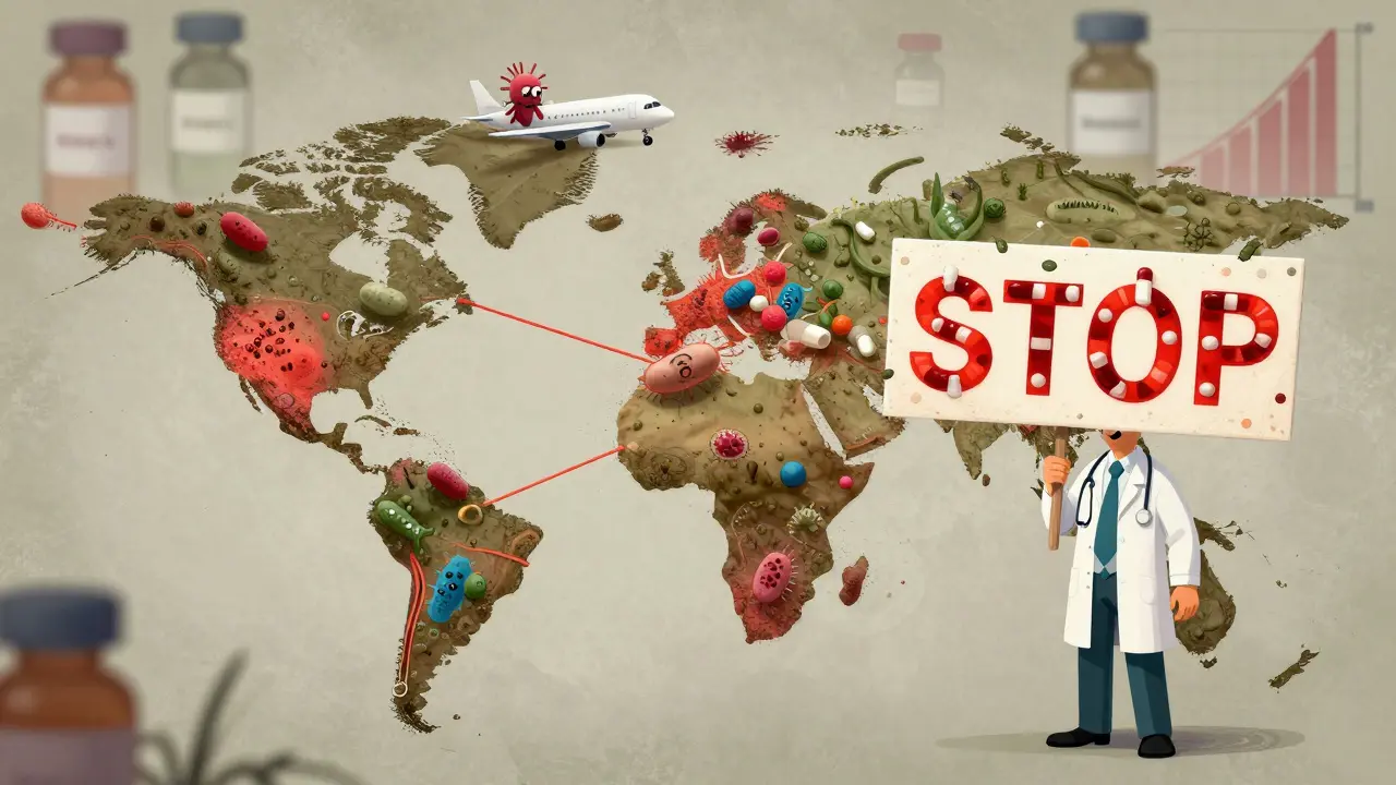 Carte mondiale de résistance aux antibiotiques avec une bactérie en avion et un médecin tenant un panneau 'STOP'.