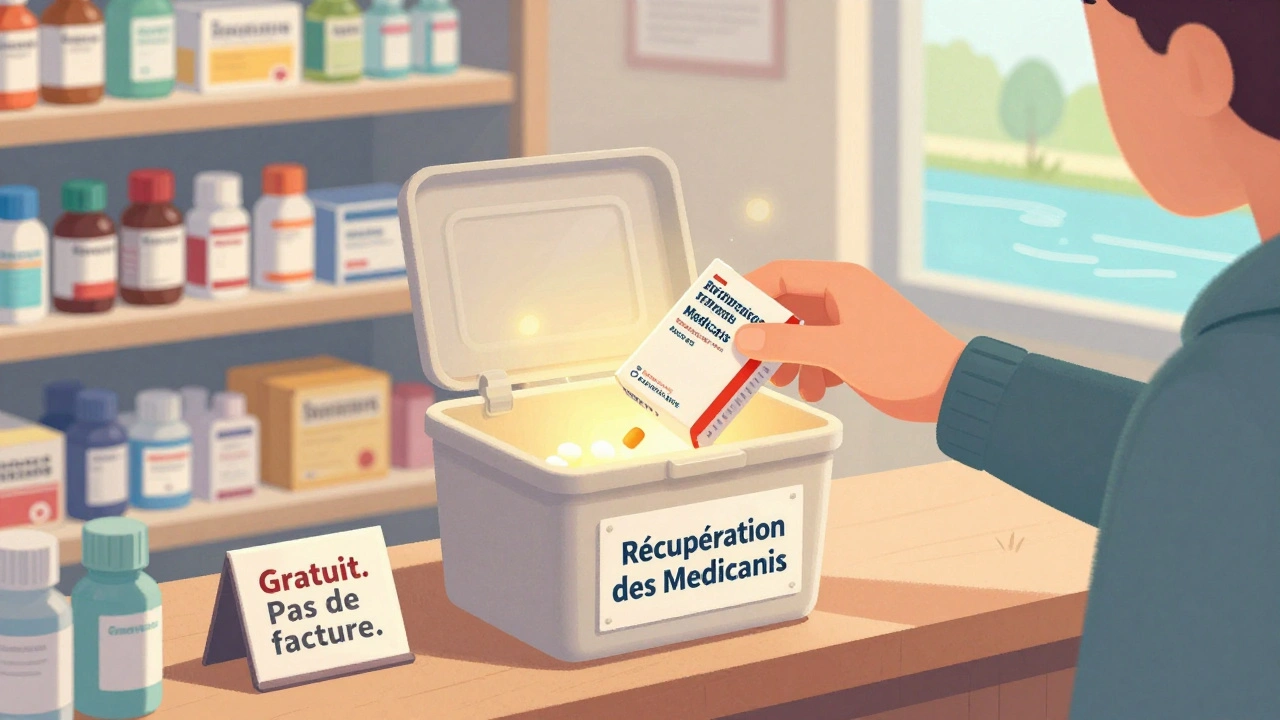 Client déposant des médicaments périmés dans une boîte de collecte en pharmacie, dans un cadre chaleureux et bien éclairé.