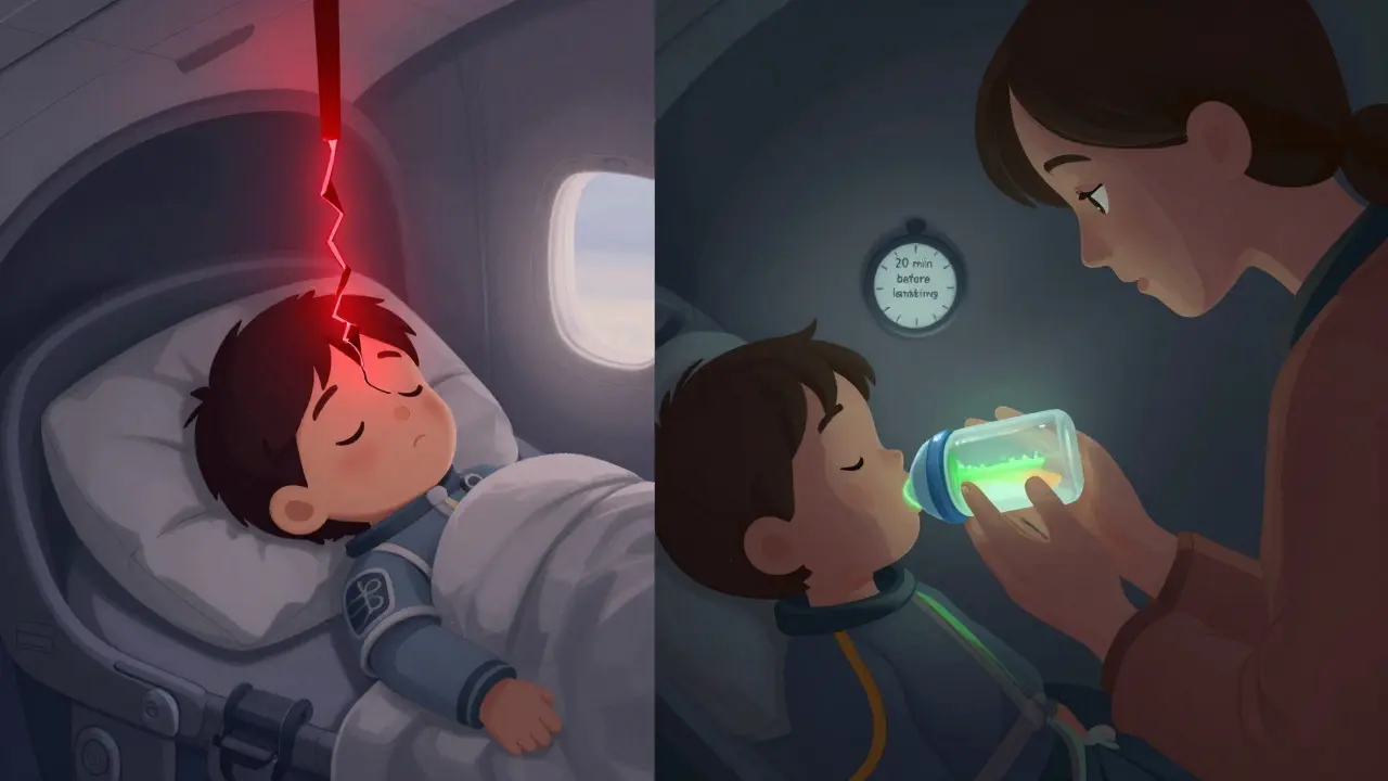 Comparaison dramatique : enfant endormi avec tympan endommagé à gauche, et enfant qui boit en sécurité à droite pendant la descente.