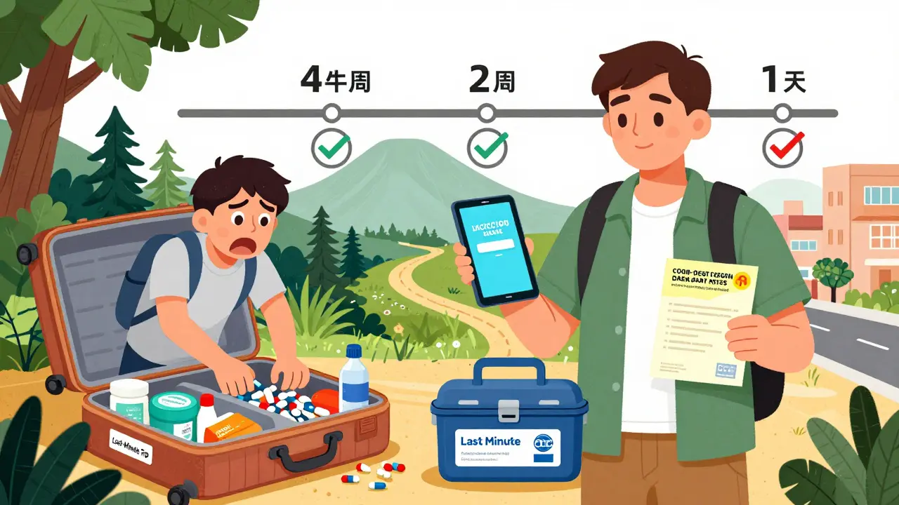 Comparaison entre un voyageur stressé et un voyageur préparé, avec un calendrier de vaccinations et des alertes sanitaires.