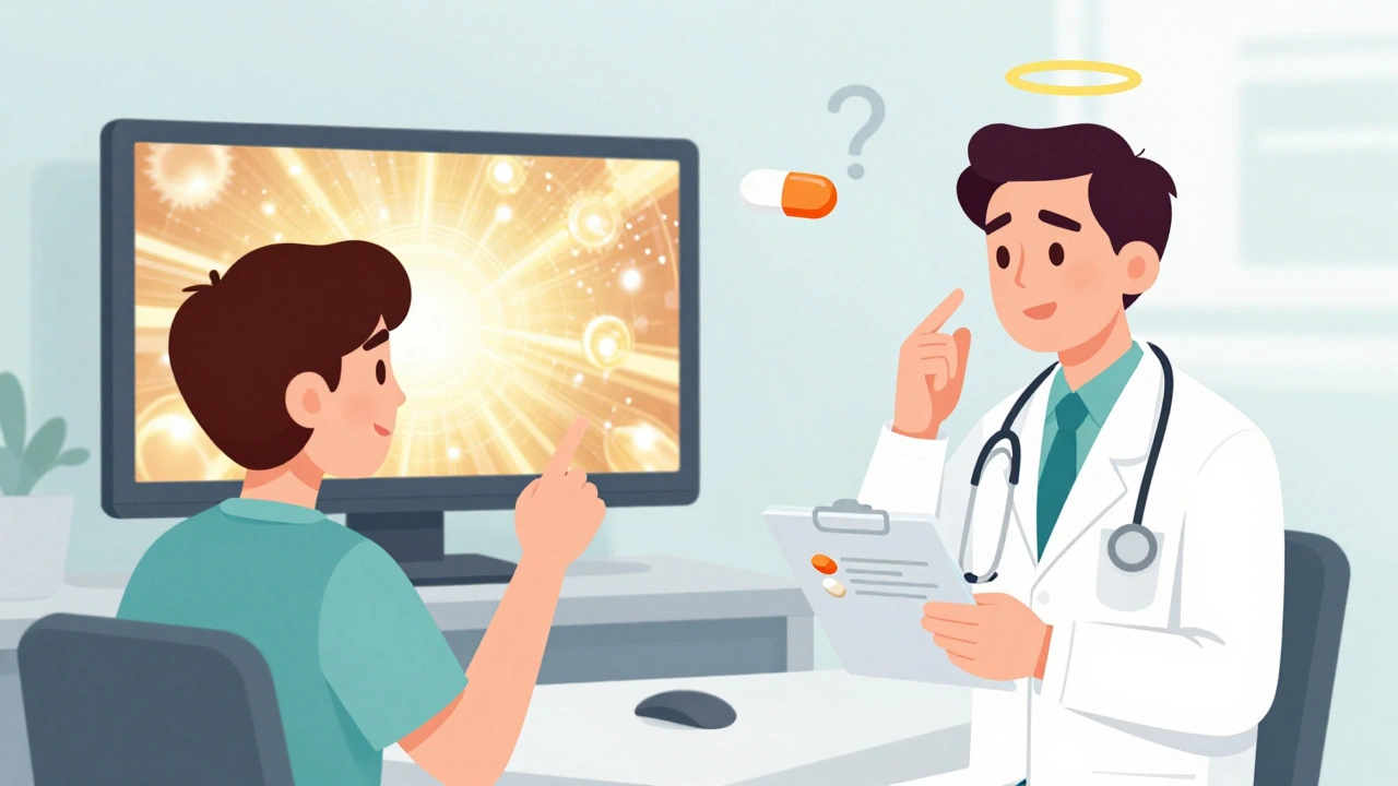 Dans un cabinet médical, un patient demande un médicament vu à la télé, tandis que le médecin hésite entre une marque coûteuse et un générique.