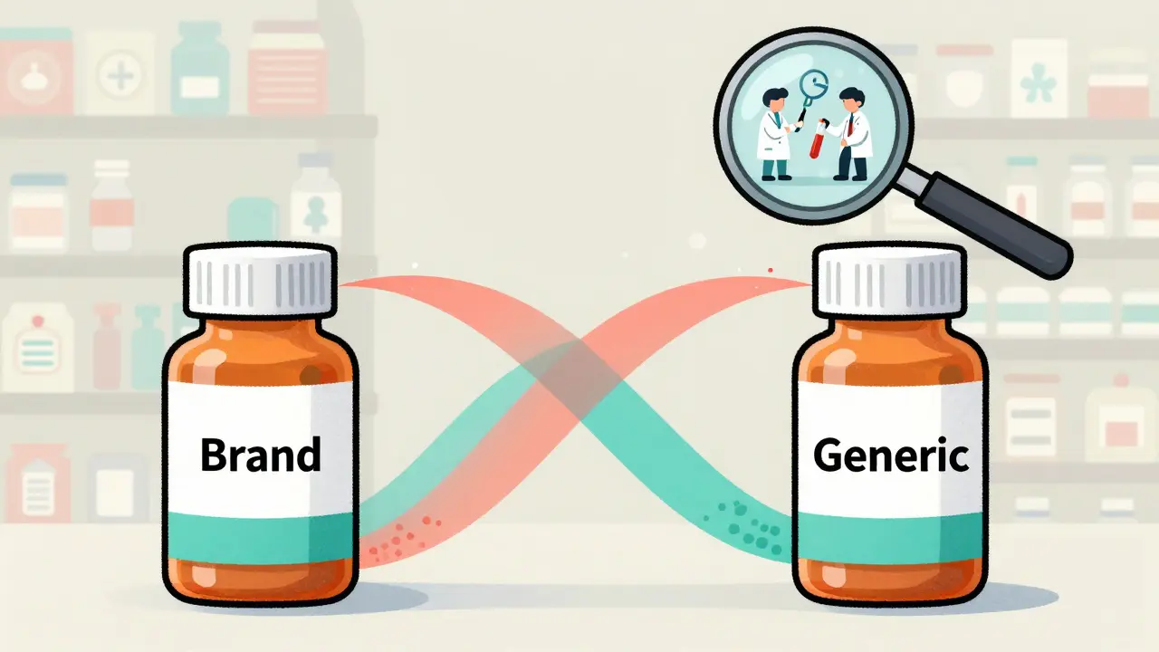Deux bouteilles de médicaments comparées avec des courbes de concentration qui se chevauchent dans une plage de 80 à 125 %.