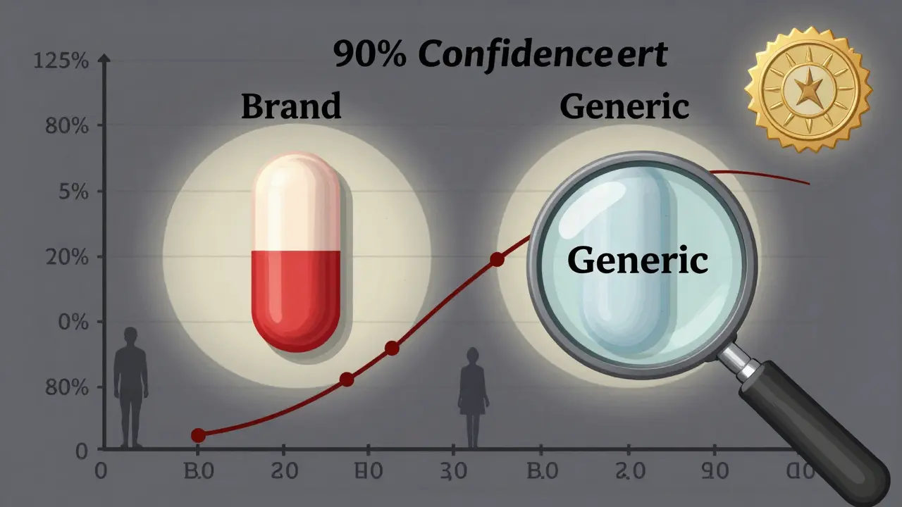 Deux pilules comparées dans une ellipse statistique de 80 à 125 %, avec des prélèvements sanguins et des courbes de concentration.