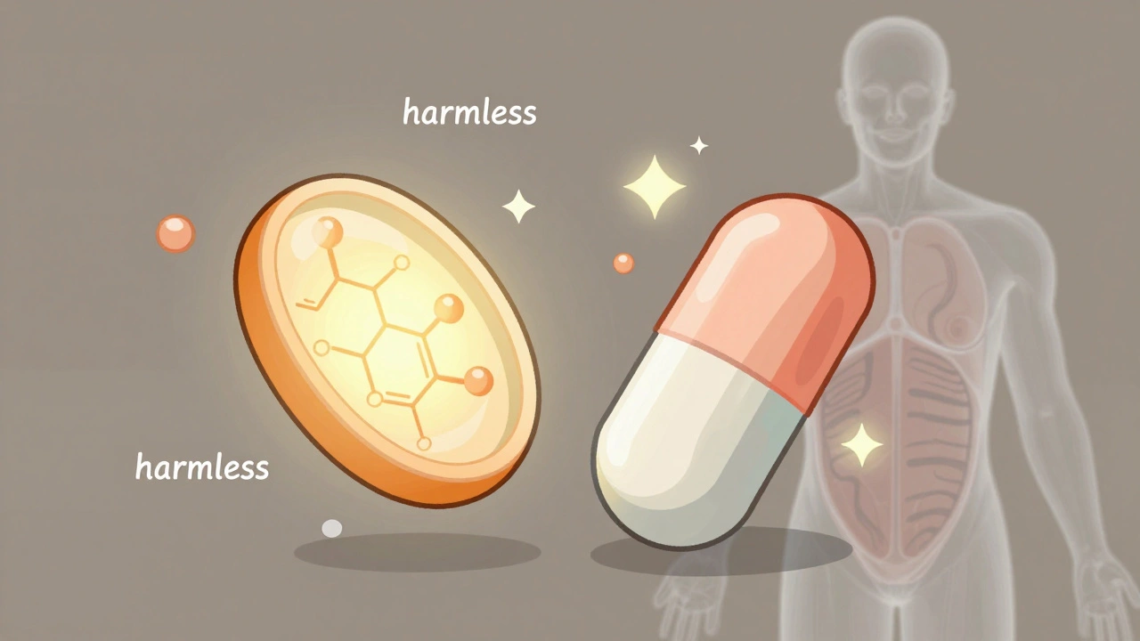 Deux pilules comparées en gros plan : mêmes ingrédients actifs, différentes coques, avec des excipients inoffensifs en arrière-plan.