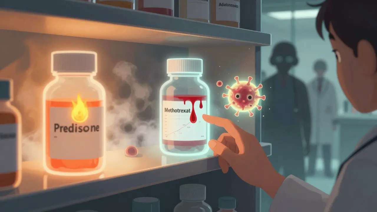 Étagère de médicaments immunosuppresseurs émettant des menaces visuelles invisibles.