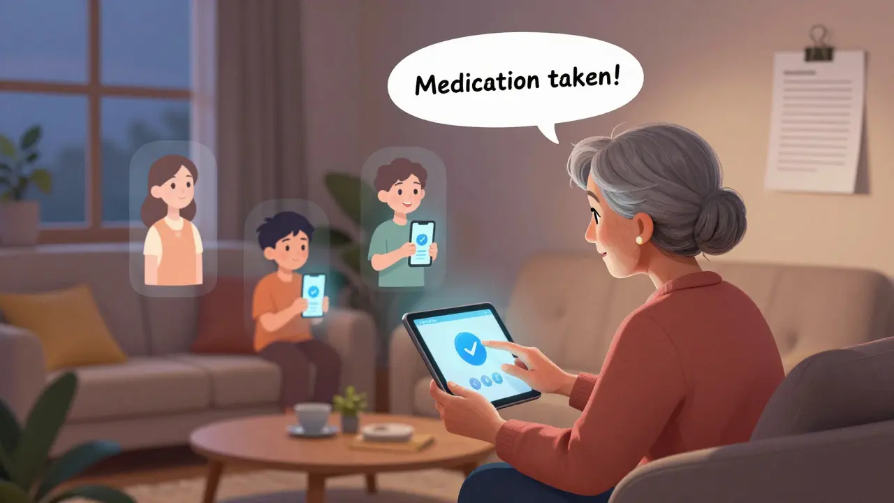 Grand-mère confirme sa prise de médicament sur tablette, tandis que des avatars familiaux voient la confirmation en temps réel.