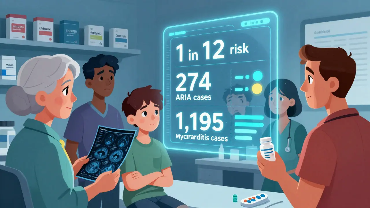 Groupe de patients regardant un écran flottant affichant des données de sécurité médicale en temps réel.