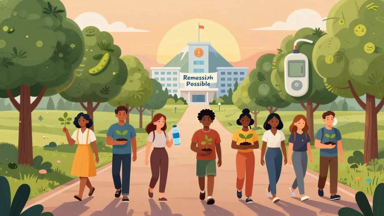 Groupe de personnes marchant sur un chemin symbolique vers la rémission du diabète.