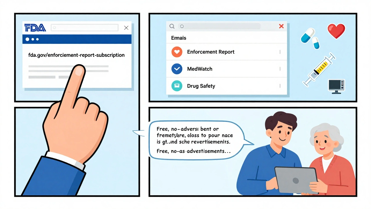 Guide visuel en trois étapes montrant comment s&#039;abonner aux alertes de sécurité des médicaments de la FDA.