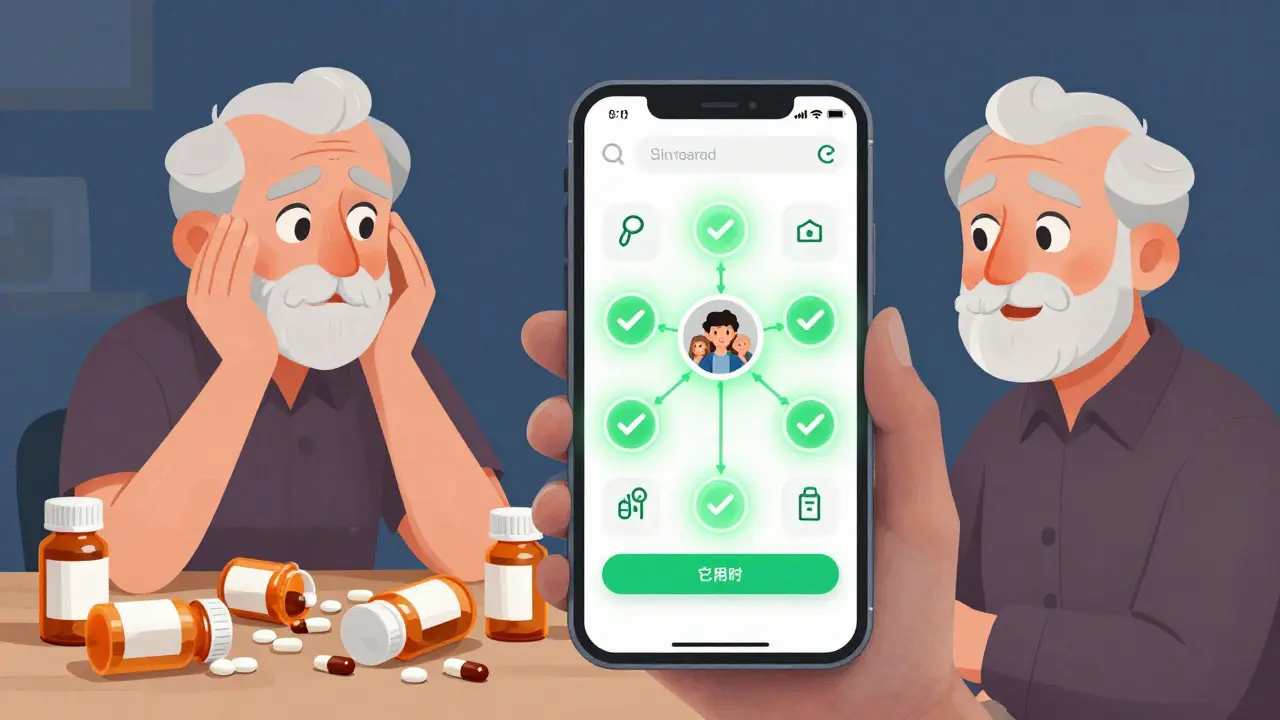 Homme âgé confus avec des comprimés épars vs. même homme souriant devant une application médicale claire et sécurisée.