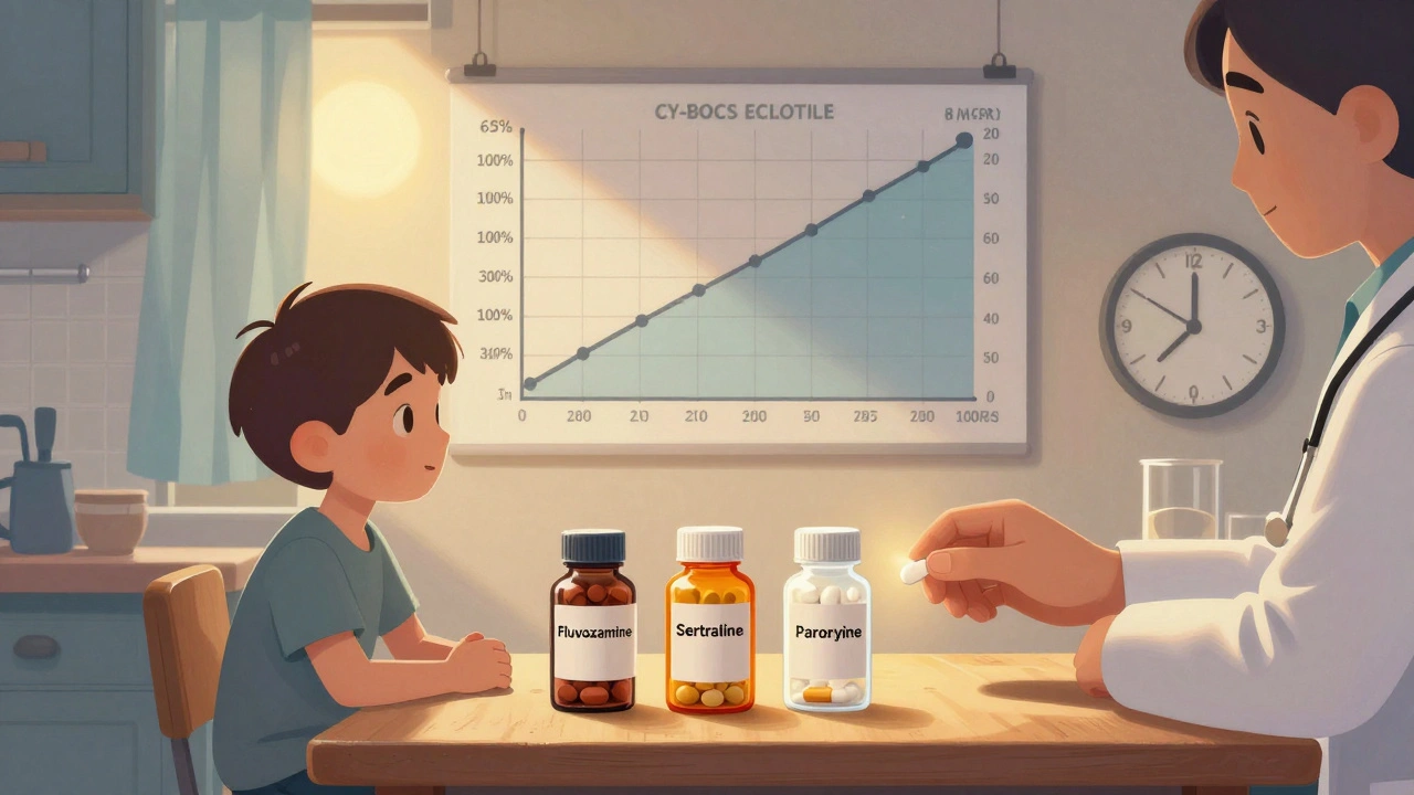 Jeune patient à table avec des flacons vides et un graphique d'amélioration du TOC, une pilule de clomipramine ajoutée.