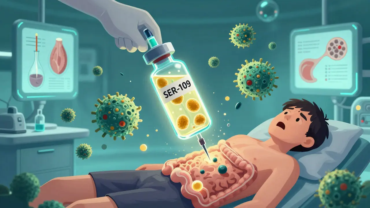 Laboratoire futuriste où des spores bénéfiques sont injectées pour restaurer le microbiote contre C. diff.