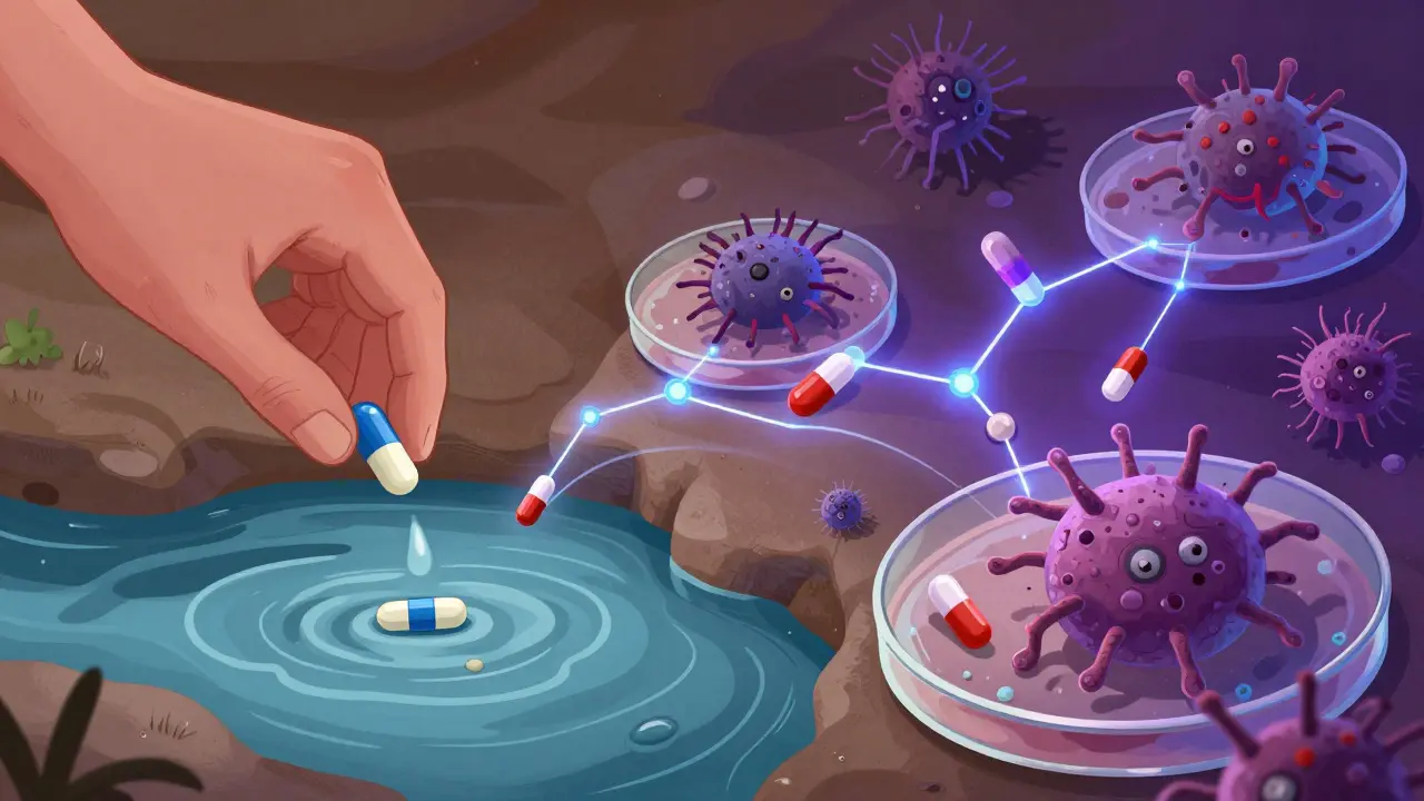 Main jetant des antibiotiques dans une rivière tandis que des bactéries mutent dans des boîtes de Pétri, reliées par des fils moléculaires.