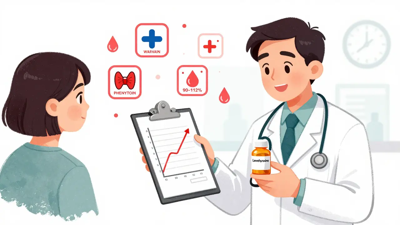 Médecin et patient discutant d'un médicament à indice thérapeutique étroit, avec des symboles de risque flottants.