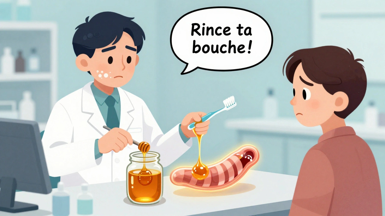 Mélange de budesonide avec du miel pour une suspension thérapeutique, accompagné d&#039;un rappel de rinçage buccal.