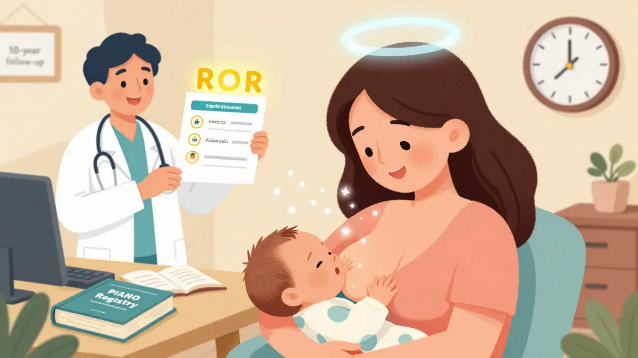 Mère allaitant son bébé, entourée de symboles de vaccins sûrs et de traitements biologiques protecteurs.