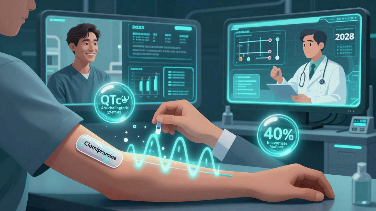 Patch transdermique de clomipramine libérant des ondes dans le sang, avec des données médicales flottantes en arrière-plan.