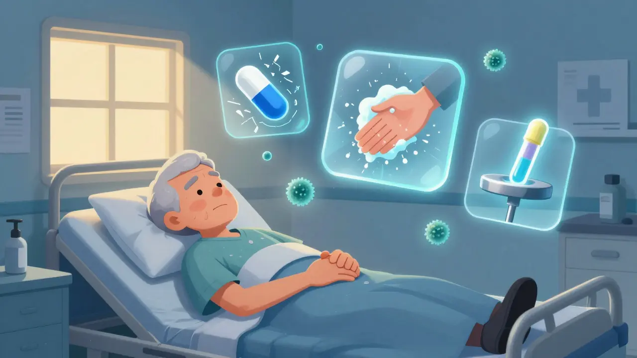 Patient âgé en hôpital entouré d'icônes visuelles de la transmission et de la prévention de C. diff.