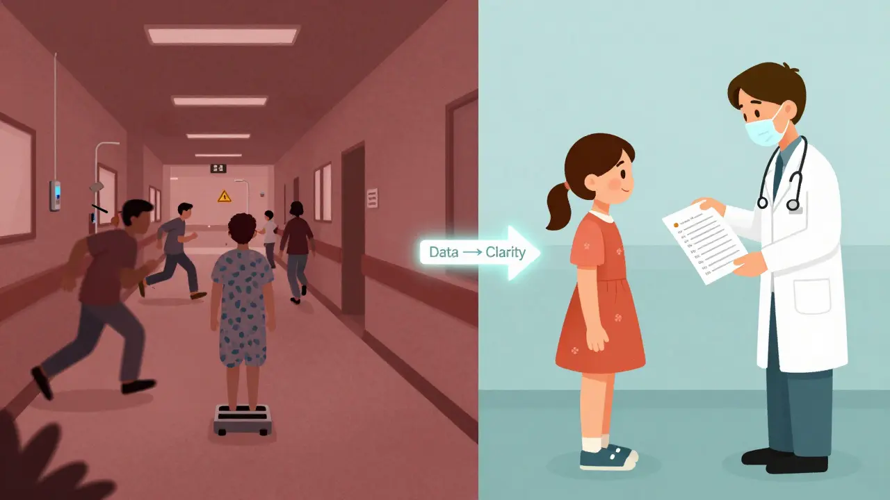 Patient au centre d'une scène divisée : chaos médical à gauche, calme éclairé à droite, flèche de clarté au milieu.