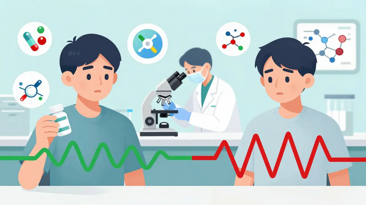 Patient avec niveaux stables de TSH à gauche, TSH instable à droite après changement de générique, dans un contexte de laboratoire.