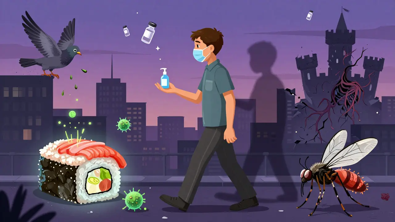 Patient marchant dans une ville où des objets quotidiens cachent des risques infectieux.