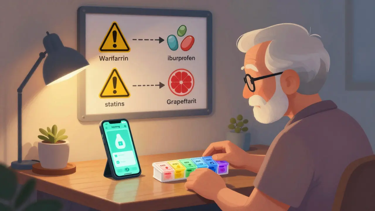 Personne âgée utilisant une boîte à comprimés colorée et une application mobile pour gérer ses traitements à la maison.