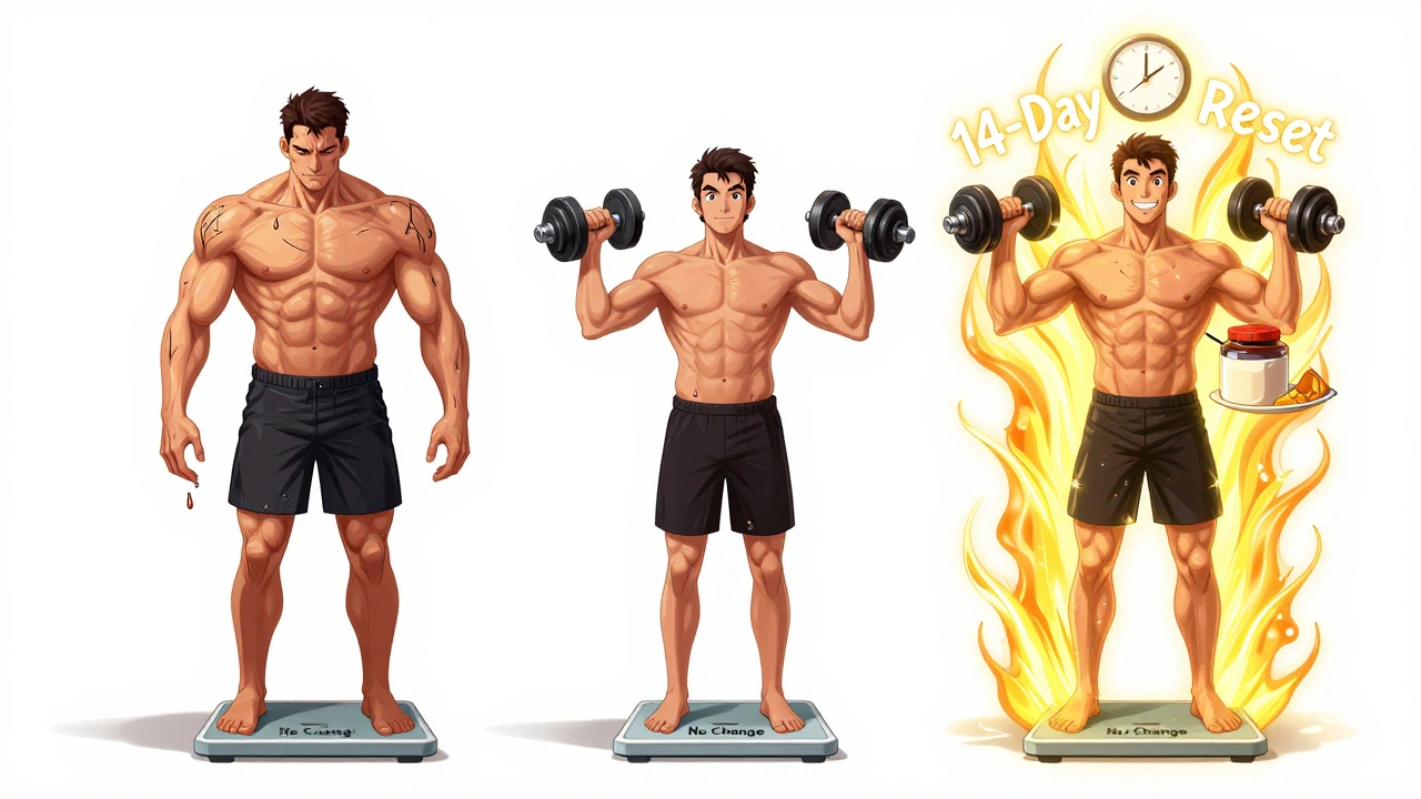 Personne bloquée sur une balance, avec deux chemins opposés : la restriction et la réinitialisation métabolique.