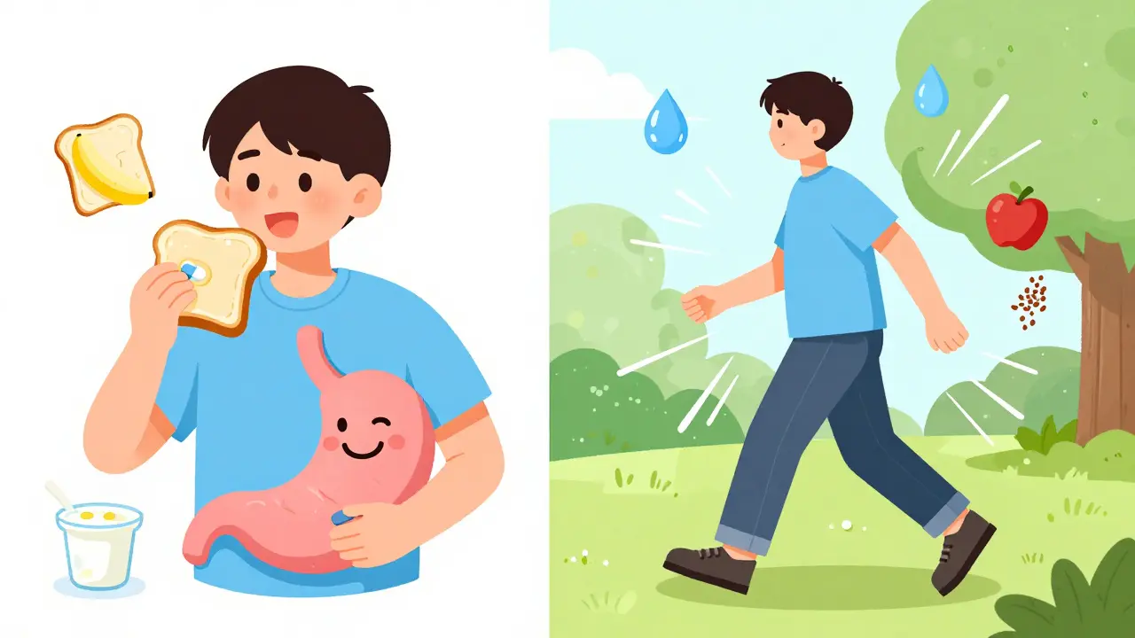 Personne mangeant des aliments doux et marchant dans un parc, avec des symboles d'hydratation et de fibres.