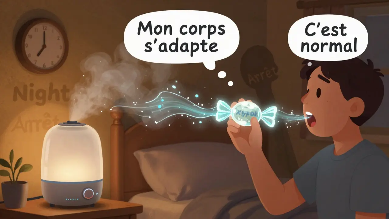 Personne suçant un bonbon au xylitol avec un flux de salive magique et un humidificateur la nuit.