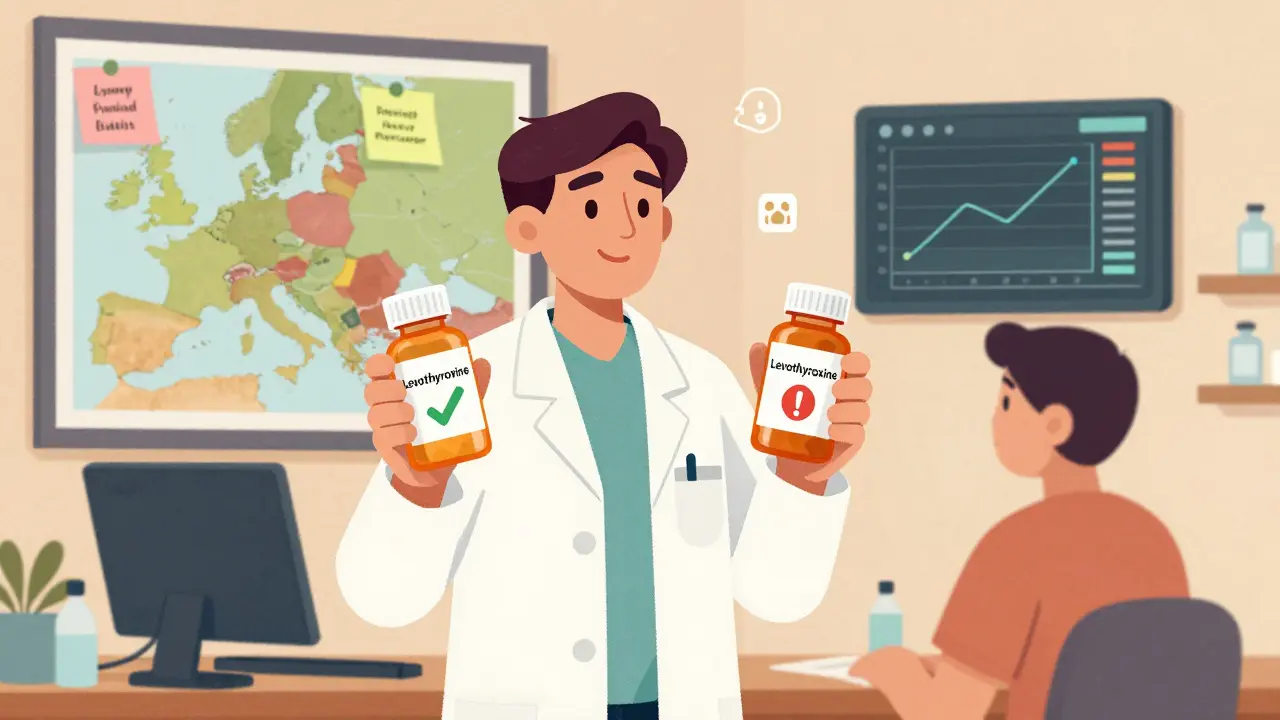 Pharmacien comparant deux flacons de lévothyroxine sous des règles nationales variées.
