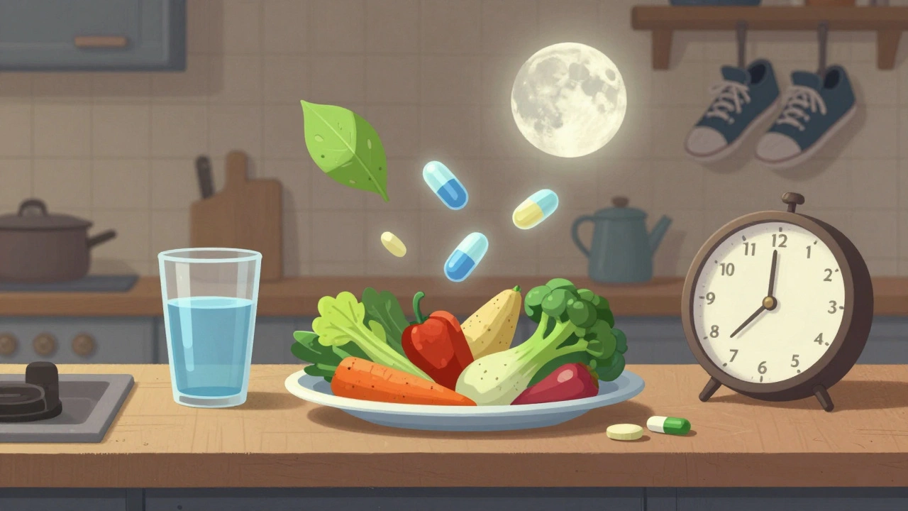 Plan de cuisine avec légumes, eau et horloge, où des pilules se transforment en feuilles et en sommeil.