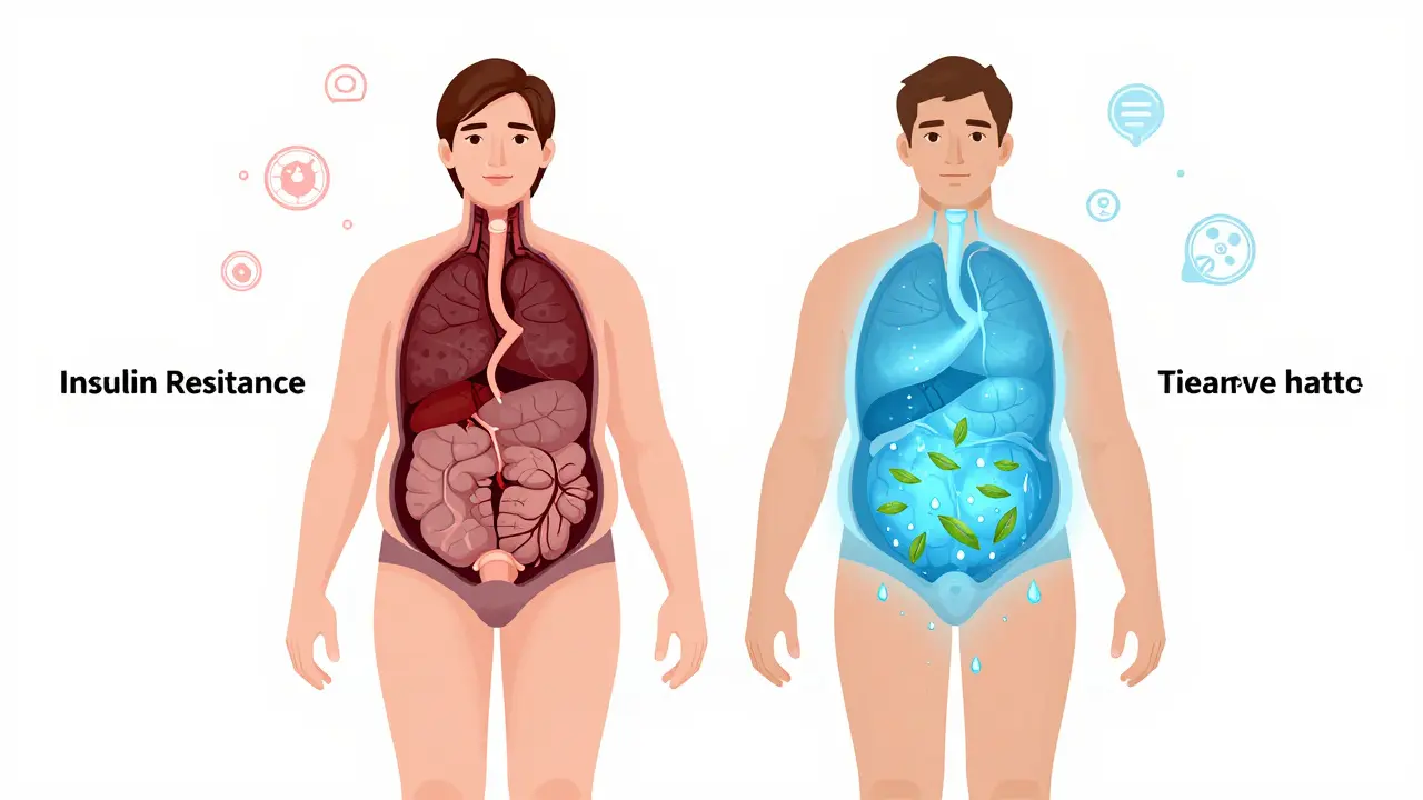 Représentation schématique de la résistance à l'insuline transformée en sensibilité après perte de poids.