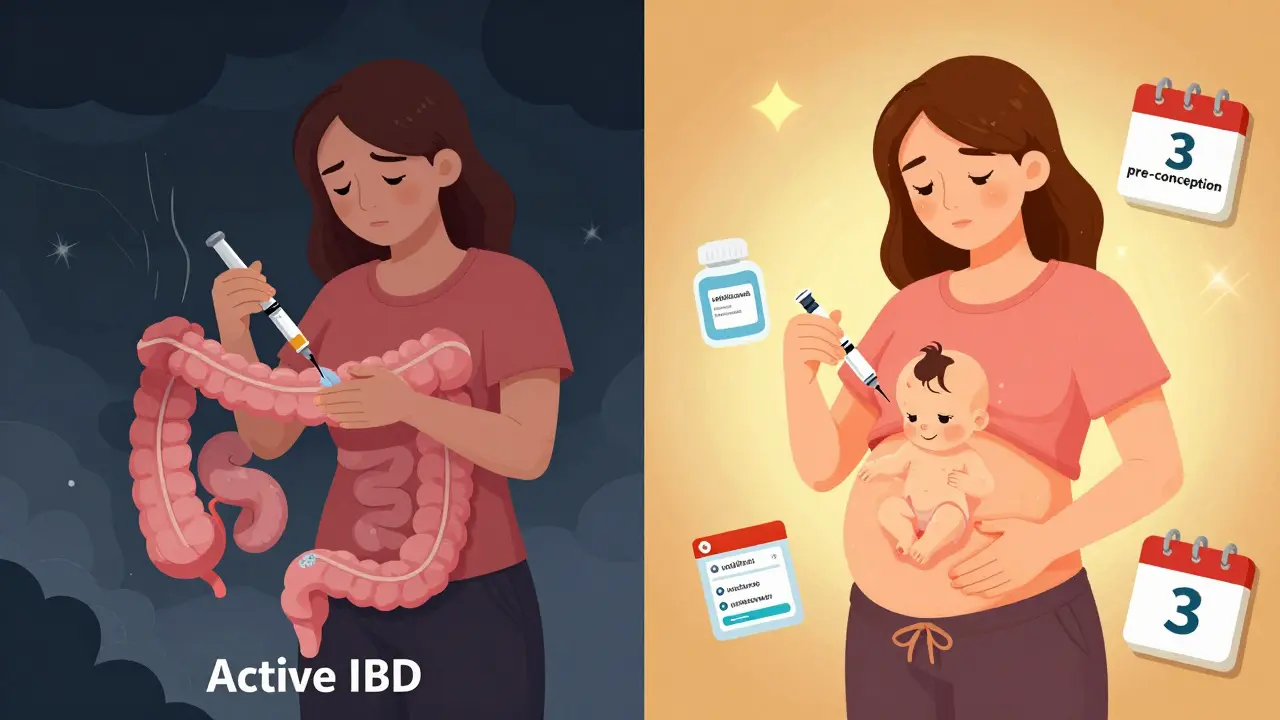 Scène comparant l'arrêt des médicaments (à gauche) et leur continuation sécurisée (à droite) pendant la grossesse.