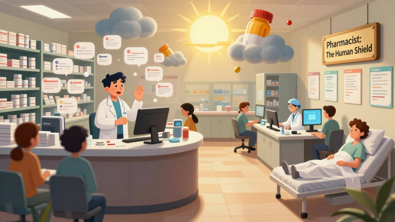 Scène comparée : un pharmacien surchargé à gauche, équilibré et efficace à droite, avec un symbole de soleil sur les prescriptions.