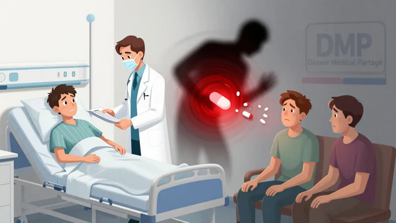 Scène divisée : un patient reçoit une liste médicamenteuse à l'hôpital, puis voit des interactions dangereuses à la maison.