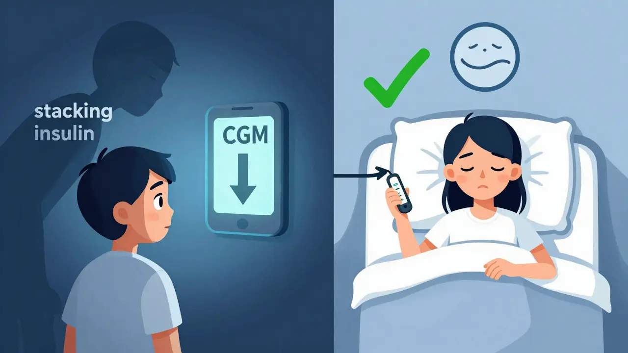 Scène nocturne contrastée : d'un côté une hypoglycémie menaçante, de l'autre une ajustement sécurisé de l'insuline de fond.