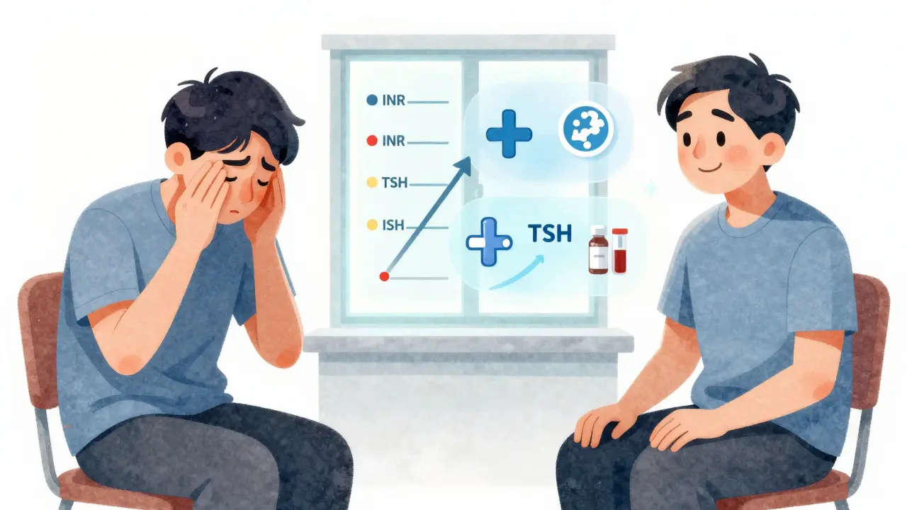 Un patient avant et après un bon accompagnement lors d'un changement de générique NTI, avec des indicateurs sanguins visibles.