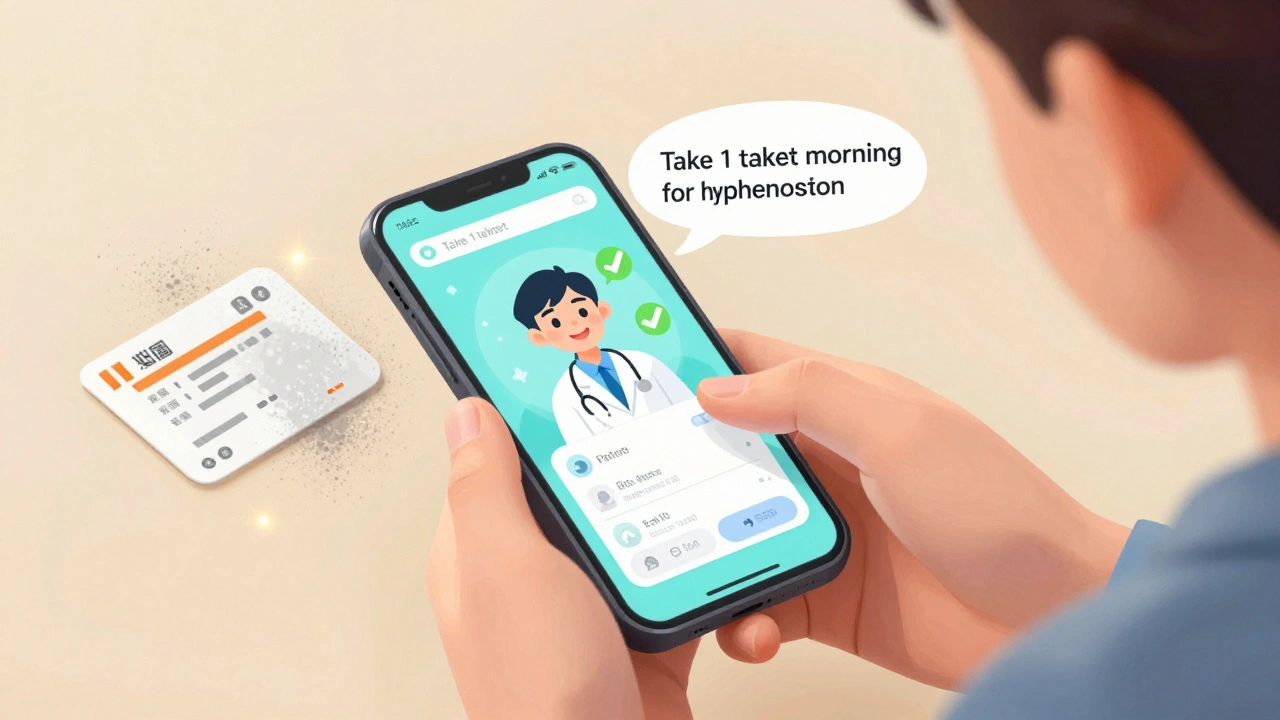 Un patient scanne une étiquette de médicament qui devient une interface numérique claire sur son téléphone.