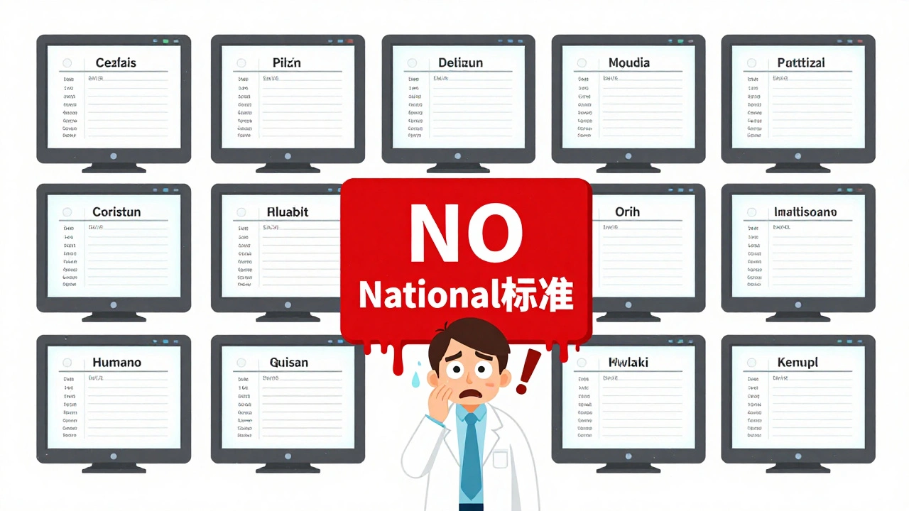 Un pharmacien face à douze écrans d&#039;ordinateur affichant des étiquettes de prescription incohérentes.