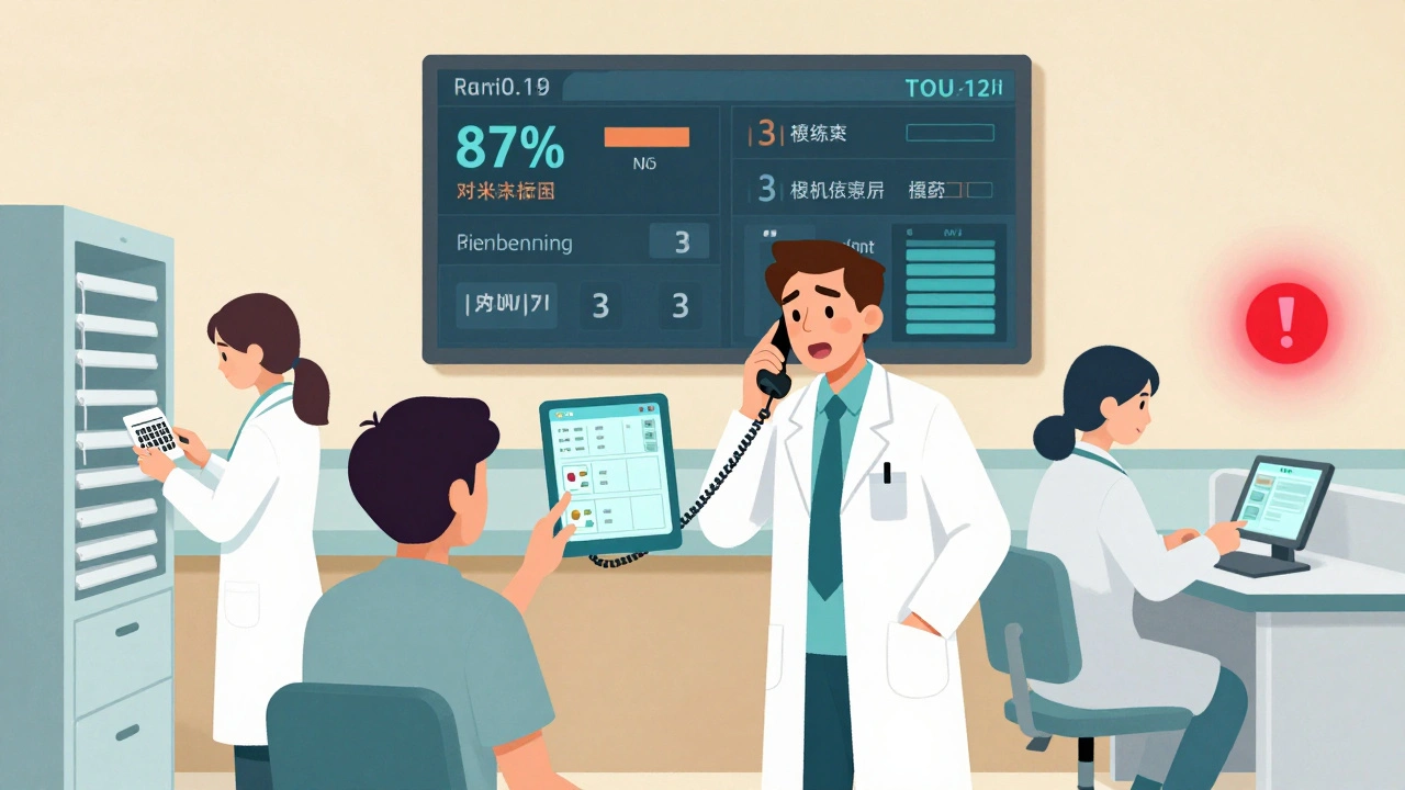 Un pharmacien hospitalier discute avec un médecin pour corriger une interaction médicamenteuse dangereuse, dans un service de pharmacie moderne.